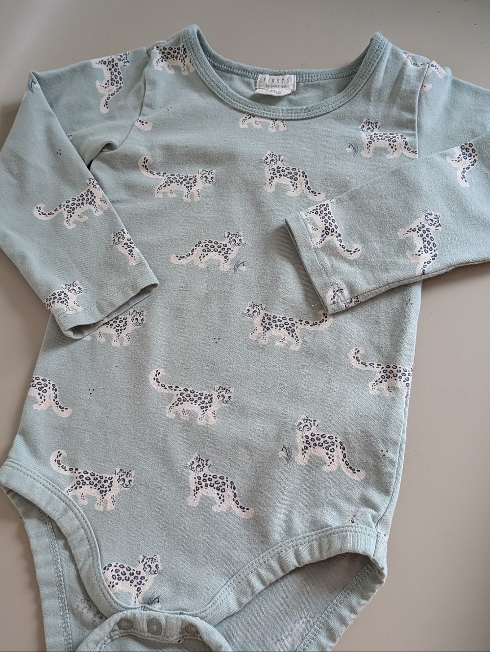 Petit Lem - 18M - Baby Long-Sleeve One-Piece in Sage with Leopard Print